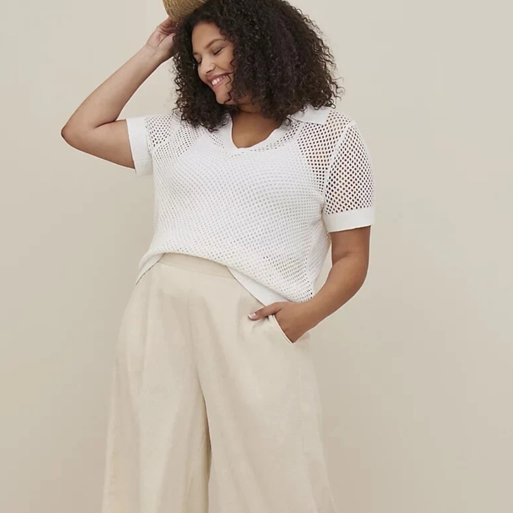 Torrid White Open Stitch Pullover Collared Short … - image 1